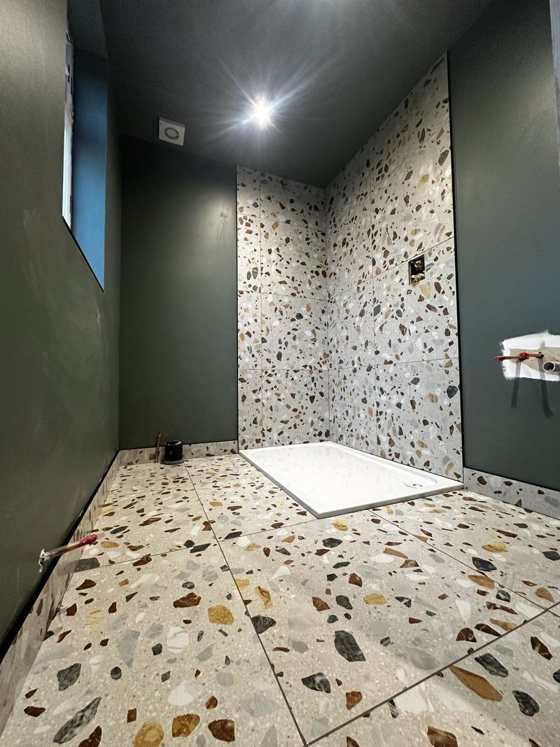 Shower room in Exeter with terrazzo tiles on the floor and feature wall, and dark green painted walls